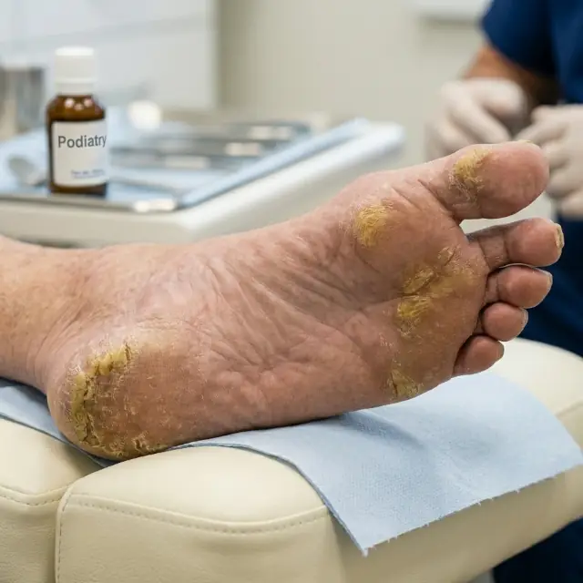 Representación visual de durezas y callos en los pies, mostrando las zonas más comunes de aparición