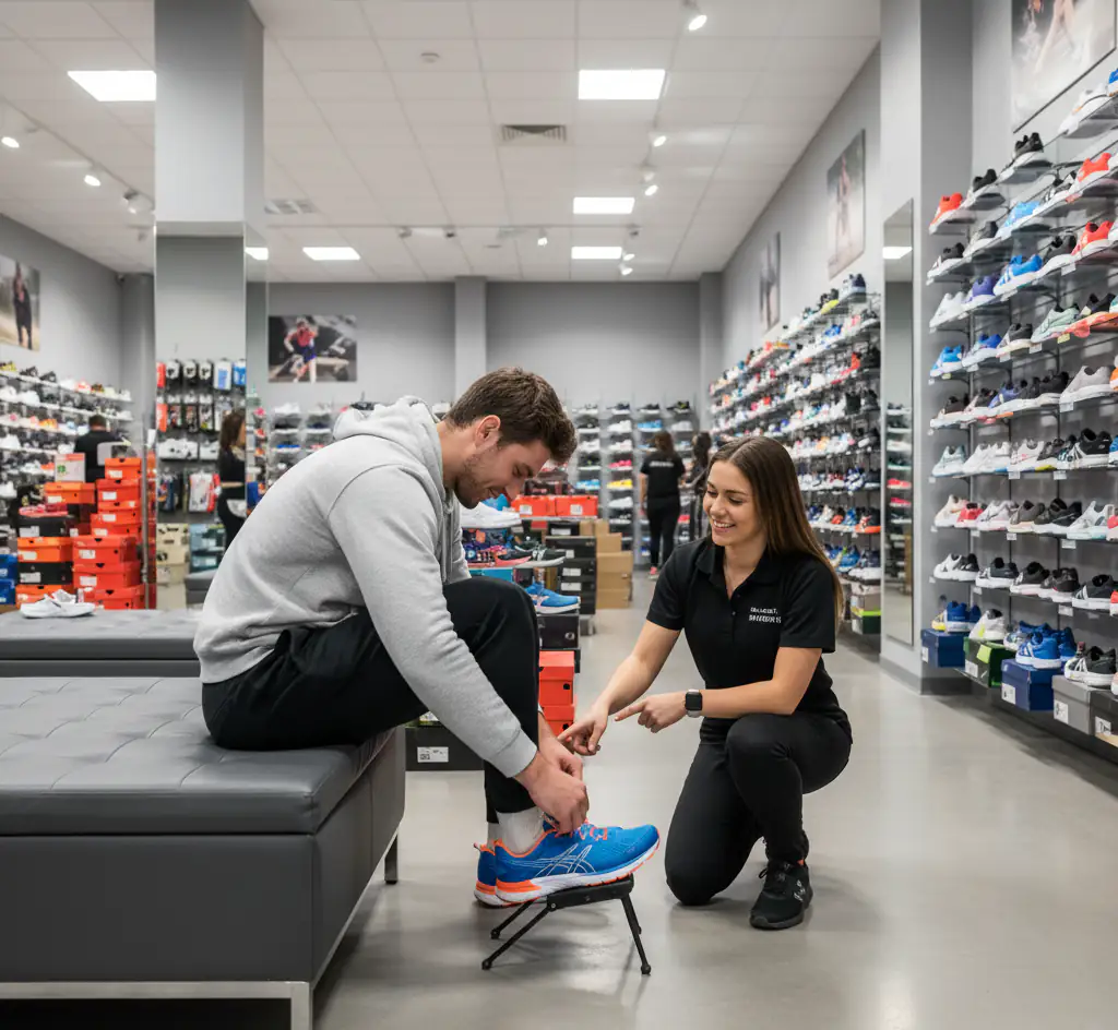 Persona probándose un zapato deportivo en una tienda, verificando el ajuste correcto y el espacio adecuado para los dedos