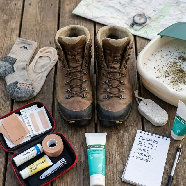 Pies con botas de trekking preparadas para una caminata por la montaña
